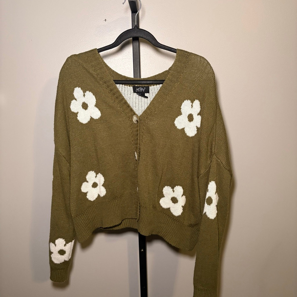 Just Polly New York Sweaters - Women's Just Polly New York Olive Green Floral Cardigan L